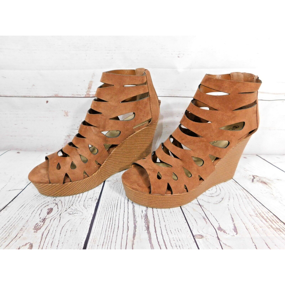 Wedge Open Toe Heels Hot Tomato Sz 9.5 Brown Pre-Owned